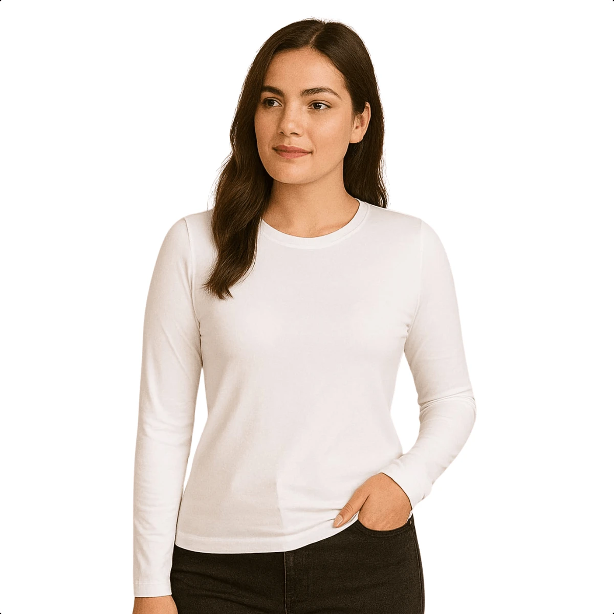Women's Long Sleeve T-Shirt With Crew Neck In Suplex Fabric | 16 Color Variations Sizes P To Plus Size G2 Basic Plain - White - View 1