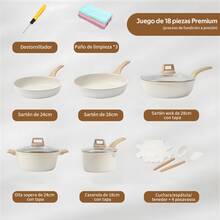 18 Piezas Juego de Sartenes, Bateria de Cocina, Sartenes Antiadherentes con Tapa de Cristal, Ollas de Cocina para Placas de Inducción y Gas, Sartenes Minimalistas (Beige) - Beis - Ver 3