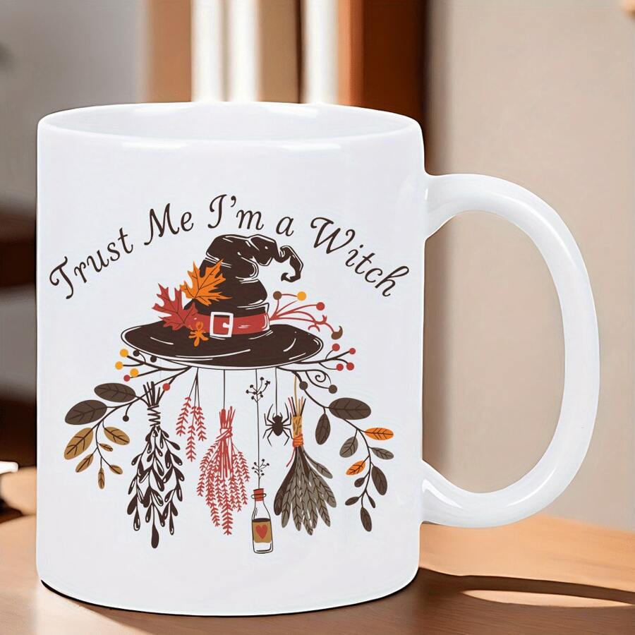 Hexen Keramik Kaffeebecher - wiederverwendbare isolierte Camping Tasse mit Hexenhut, Fledermaus und Spinnwebenmuster - Nur Handwäsche, geeignet für Outdoor-Enthusiasten und Halloween Geschenke - Unisex weißer Becher