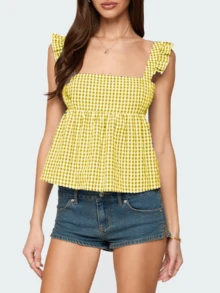 Women Teens Y2k Babydoll Tank Top Lace Trim V Neck Ruffle Flowy Crop Cami Top Summer Preppy Clothes Streetwear - 黃色 - 查看 3