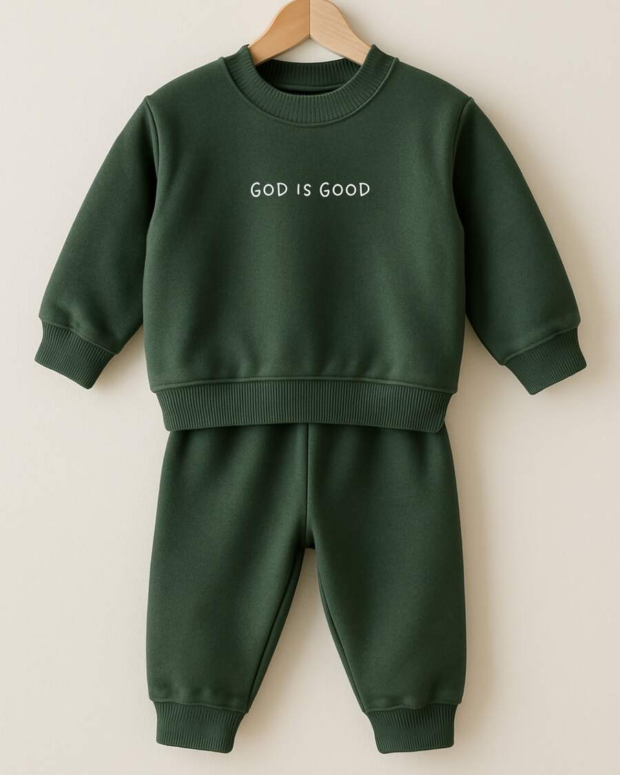 Winter Set Moss Sweatshirt Girl Boy Plush Children's Cold Clothes Baby Cotton Cold Weather Blouse Printed Cloak Christian God Is Love - 墨綠色 - 查看 1