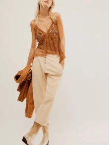 Women Side Tie Up Sequin Rivets Beaded Cami Tank Top Y2k Sparkly See Through Camisole Spaghetti Strap V Neck Loose Fit Sheer Mesh Flowy Crop Tops Sleeveless Backless Bling Embellished Vests Shirts Glitter Rhinestone Going Out Tops Beach Party Club Wear - 棕色 - 查看 4