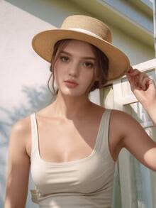 1 件女士宽边平顶太阳帽，黑色丝带草帽，适合海滩 - 卡其色帽子米色織帶 - 查看 2