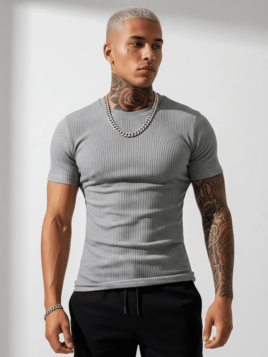 Men's Ribbed T-Shirt American Style Summer All Slim Fit Textured Knitted Men's Shirt Men's Blouse - Xám - Xem 4