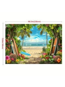 夏季夏威夷海滩主题摄影背景 - 多功能面料，带有蓝色大篷车、冲浪板和热带花卉设计，适合夏威夷宴会、旅行和露营装饰