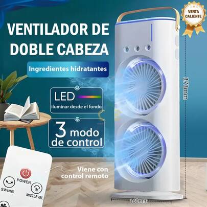 Ventilador oscilante portátil recargable de doble cabezal, ventilador de enfriamiento de escritorio, humidificador de rociado de 3 orificios, puede agregar cubitos de hielo y agua, luz de ambiente de ventilador de doble cabezal, se puede transportar, adecuado para el dormitorio del hogar, la oficina, al aire libre