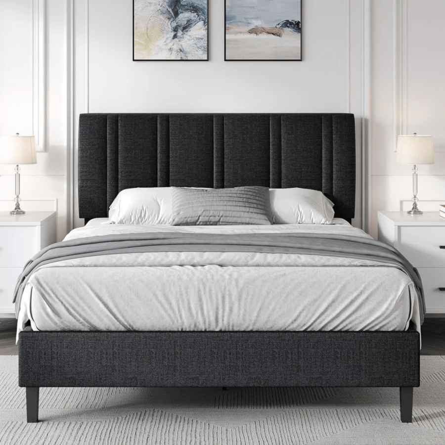 Upholstered Bed Frame With Headboard, Linen Fabric Platform Bed Frame With Tufted Headboard, No Box Spring Required, Easy Assembly, Pink/ White/ Black/ Blue, Twin/ Full/ Queen - màu đen - Xem 1