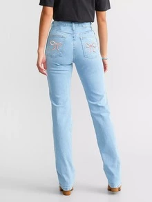 Women's Bowknot Bell Bottom Flare Jeans Stretchy High Waisted Denim Pants - Màu xanh lam - Xem 4