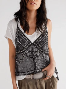 Womens Sequin Rivets Beaded See Through Cami Tank Top Y2k Sparkly Spaghetti Strap V Neck Loose Fit Sheer Mesh Flowy Camisole Crop Tops Sleeveless Backless Bling Embellished Vests Shirts Glitter Rhinestone Going Out Tops Beach Party Club Wear - màu đen - Xem 6
