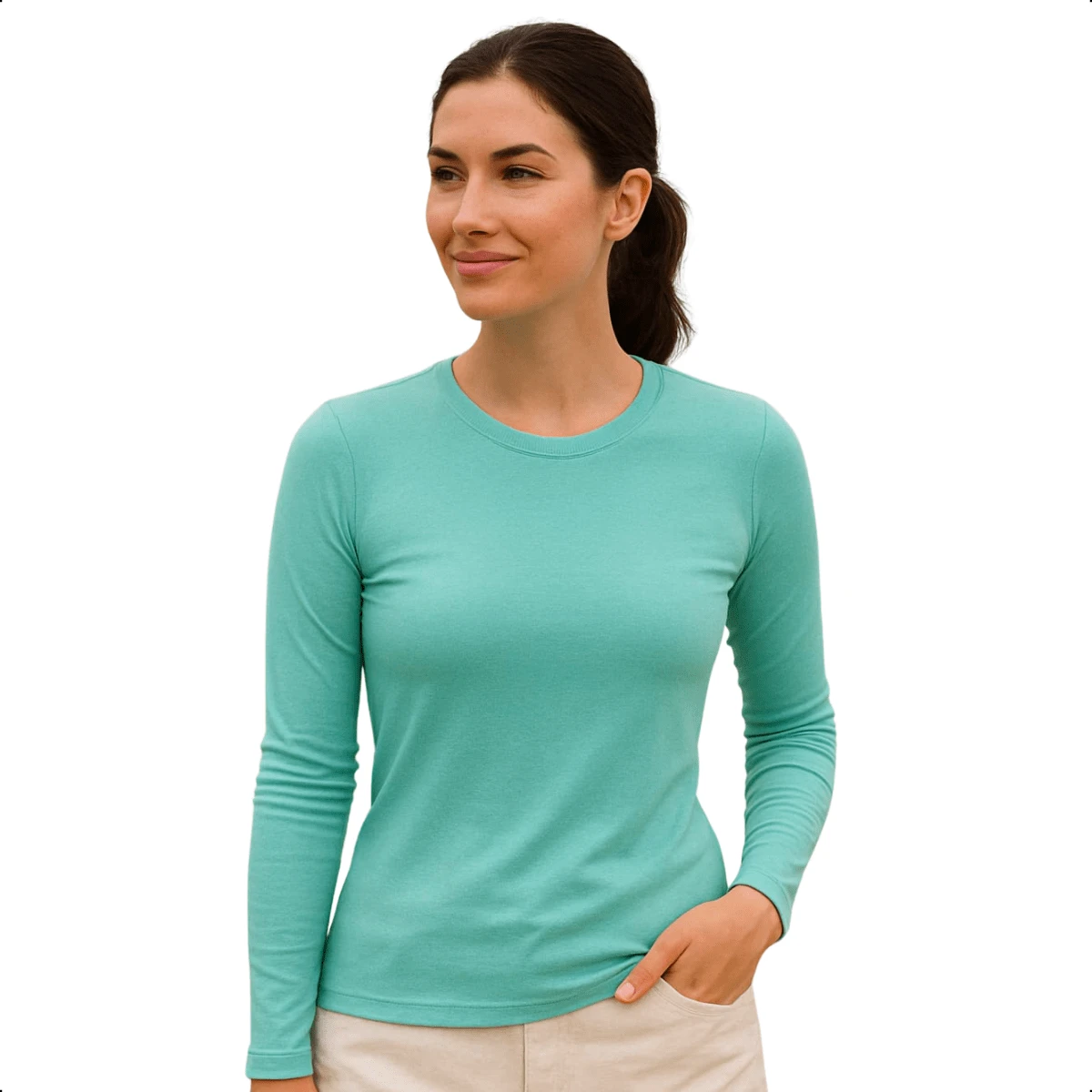 Women's Long Sleeve T-Shirt With Crew Neck In Suplex Fabric | 16 Color Variations Sizes P To Plus Size G2 Basic Plain - Green - View 1