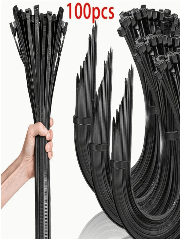 Attache-câbles noirs en nylon industriel haute résistance à verrouillage automatique, idéaux pour une utilisation à l'intérieur et à l'extérieur. Attache-câbles en nylon haute résistance à verrouillage automatique - haute résistance, noirs, résistants au froid et à l'abrasion, convenant pour la gestion des câbles à la maison, au bureau et dans l'industrie. Faciles à utiliser, pour l'extérieur et le jardinage, matériau durable pour organiser et regrouper les câbles épais.