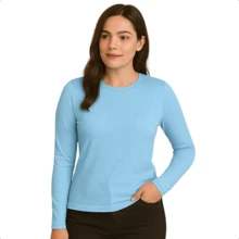 Women's Long Sleeve T-Shirt With Crew Neck In Suplex Fabric | 16 Color Variations Sizes P To Plus Size G2 Basic Plain - Blue - View 1