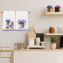 2pcs Set, Lavender Series Plaid Border Printed Towels, Ultra-Fine Fiber Modern Absorbent Cleaning Cloths, Cooking Baking Tea Towels, Dishcloths, Hand Towels, Super Soft, Highly Absorbent, Kitchen Decor, Neighbor/Mom/Birthday Gift, Housewarming Present For Friends, Kitchen Accessories, Household Essentials For Beauty Salon Home Bathroom