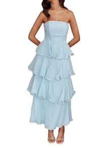 Ruffled Tube Top Long Dress For Women Summer Solid Color Backless Strapless Sleeveless Tiered Cake Dress - Màu xanh lam - Xem 6
