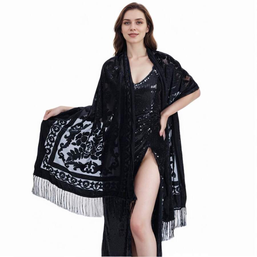1pc Women Rose Jacquard Velvet Tassel Scarf, Fashionable Women Elegant Scarf, Multi-Functional Versatile Shawl For Dance, Party, Festival, High-End Women Luxury Scarf