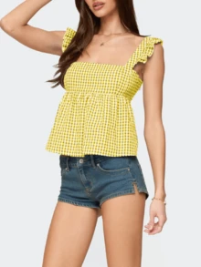 Women Teens Y2k Babydoll Tank Top Lace Trim V Neck Ruffle Flowy Crop Cami Top Summer Preppy Clothes Streetwear - 黃色 - 查看 2