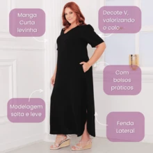 LIA ROSA Vestido Feminino Longo Large Plus Size Curvy Manga Curta - Vestido Feminino de Festa - Preto - Visão 3