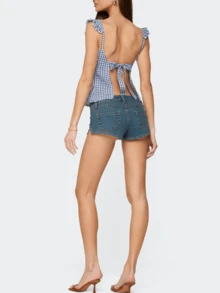 Women Teens Y2k Babydoll Tank Top Lace Trim V Neck Ruffle Flowy Crop Cami Top Summer Preppy Clothes Streetwear - 藍色 - 查看 5
