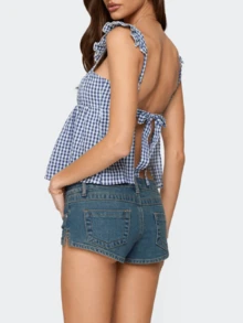 Women Teens Y2k Babydoll Tank Top Lace Trim V Neck Ruffle Flowy Crop Cami Top Summer Preppy Clothes Streetwear - 藍色 - 查看 3