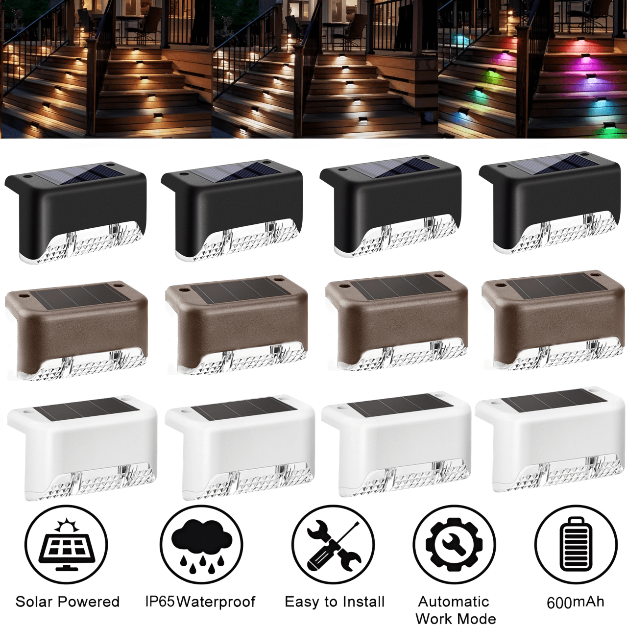 4/16 paquetes Luces solares de cubierta para exteriores, luces decorativas impermeables para exteriores, luces solares de jardín, luces solares para vallas, luces solares para escaleras, luces LED cálidas, para escaleras, escalones, vallas, jardín, balcón, patio y camino exteriores (negro) Regalo de Halloween, Navidad y Acción de Gracias