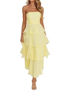 Ruffled Tube Top Long Dress For Women Summer Solid Color Backless Strapless Sleeveless Tiered Cake Dress - 黃色 - 查看 6