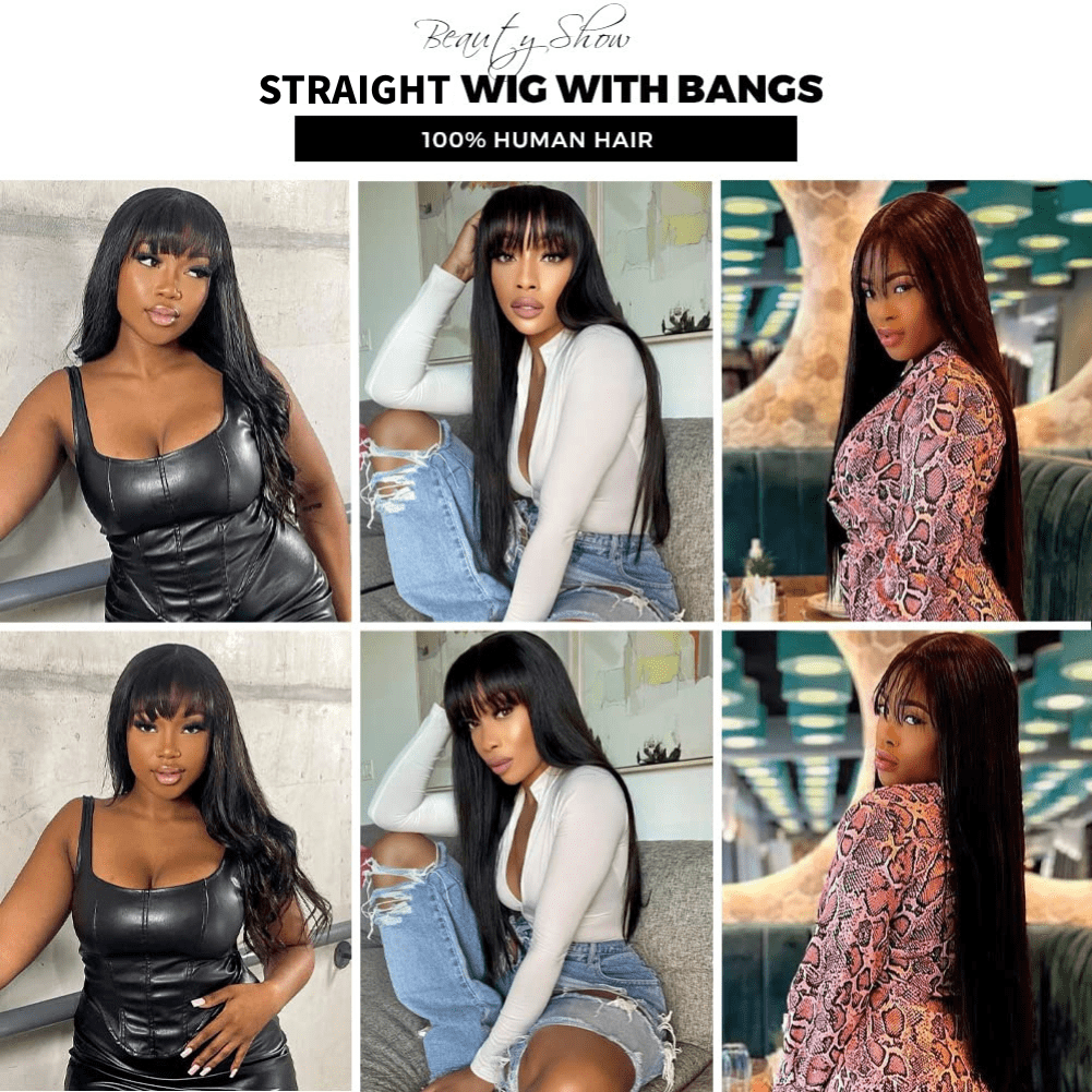 24-40 Inch Black Straight Human Hair Wigs With Bangs For Women Straight Wear And Go Glueless No Lace Closure Wigs For Beginners Brazilian Virgin Human Hair Middle Part - Natural Black - 查看 9