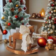 Wooden Rocking Horse Statue, Made Of Rustic Brown Wood With White Organza Bow, Suitable For Bookshelf, Coffee Table Or Hotel Display, Warm Brown Wood Material With Intricate Carving Details, Coffee Table Decor | Farmhouse Style Wooden Horse | Exquisite Craftsmanship, Horse Decor, Perfect For Room Decoration Home Decor Christmas Decorations Christmas Winter