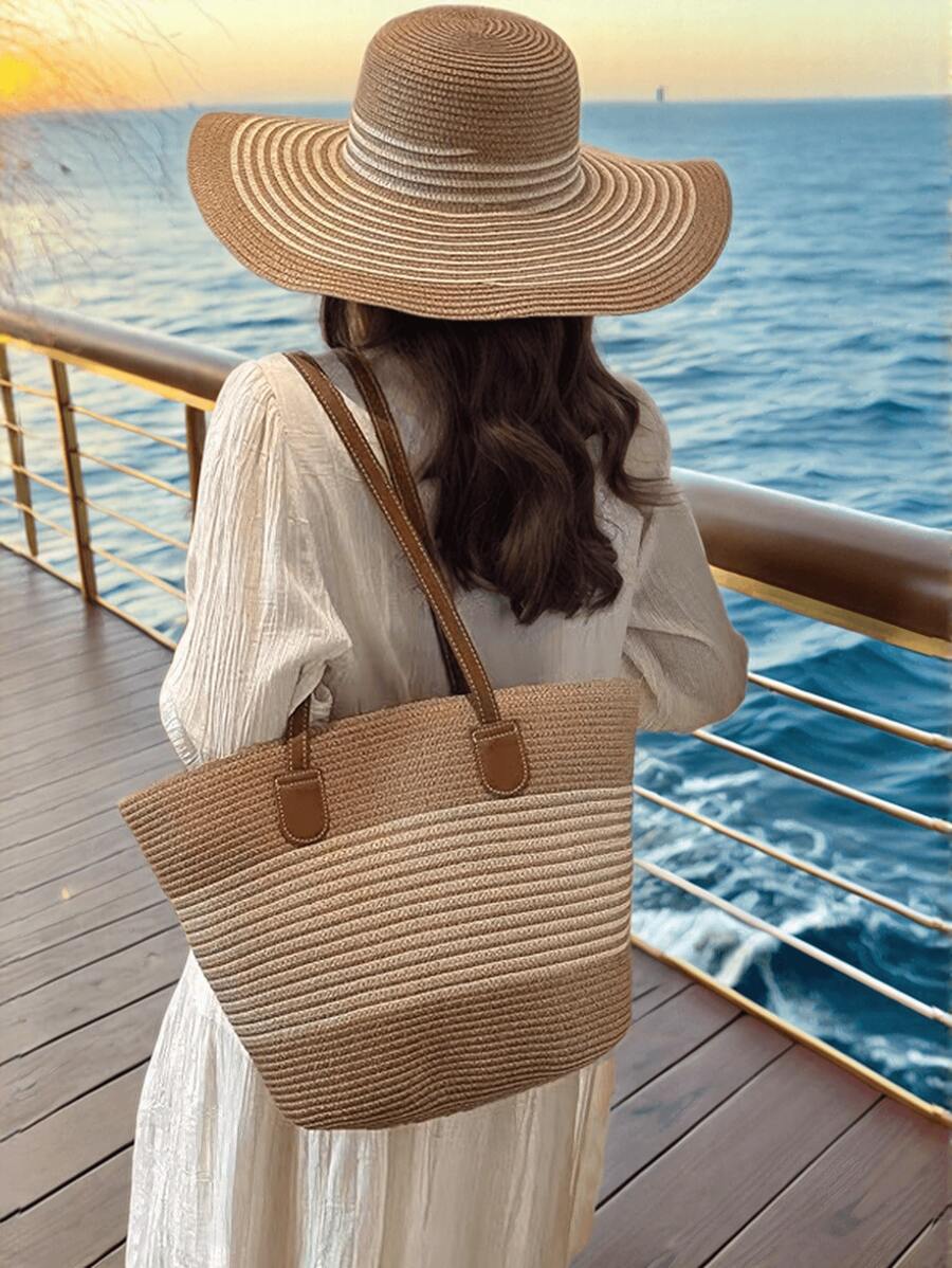 1 Pieza Sombrero de Paja + 1 Pieza Bolso, Conjunto Casual de Vacaciones