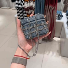 Cowboy Chain Rhinestone Women Crossbody Bags Fashion Zipper Denim Small Handbag Adjustable Simple Blue Shoulder Bags - Blue - View 8