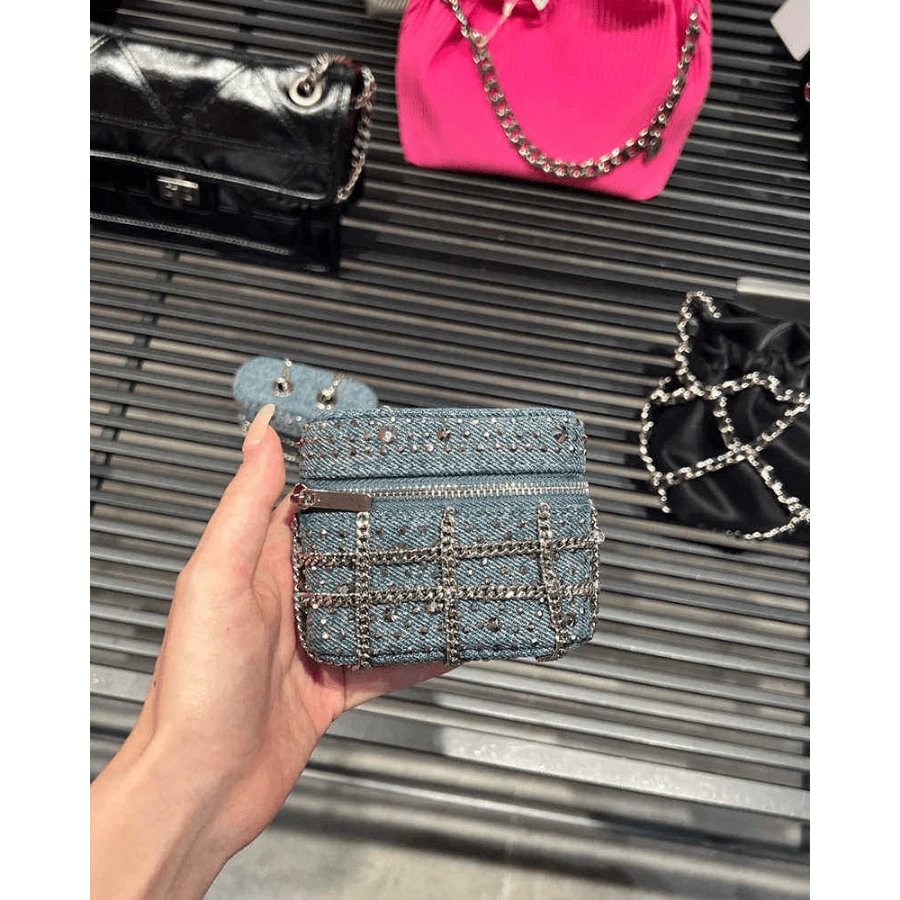 Cowboy Chain Rhinestone Women Crossbody Bags Fashion Zipper Denim Small Handbag Adjustable Simple Blue Shoulder Bags - Blue - View 1