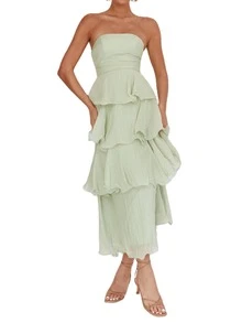 Ruffled Tube Top Long Dress For Women Summer Solid Color Backless Strapless Sleeveless Tiered Cake Dress - màu xanh lá - Xem 6