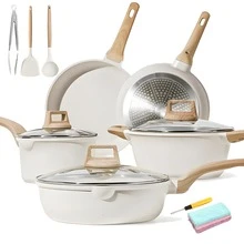18 Piezas Juego de Sartenes, Bateria de Cocina, Sartenes Antiadherentes con Tapa de Cristal, Ollas de Cocina para Placas de Inducción y Gas, Sartenes Minimalistas (Beige) - Beis - Ver 2