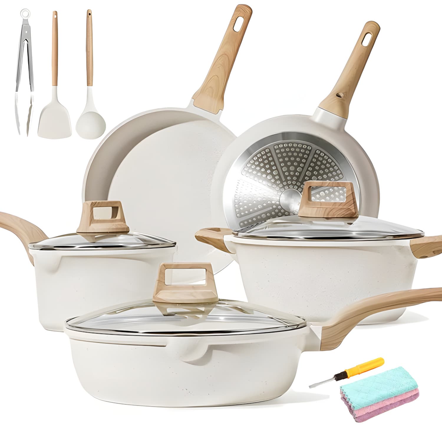 18 Piezas Juego de Sartenes, Bateria de Cocina, Sartenes Antiadherentes con Tapa de Cristal, Ollas de Cocina para Placas de Inducción y Gas, Sartenes Minimalistas (‎Beige)