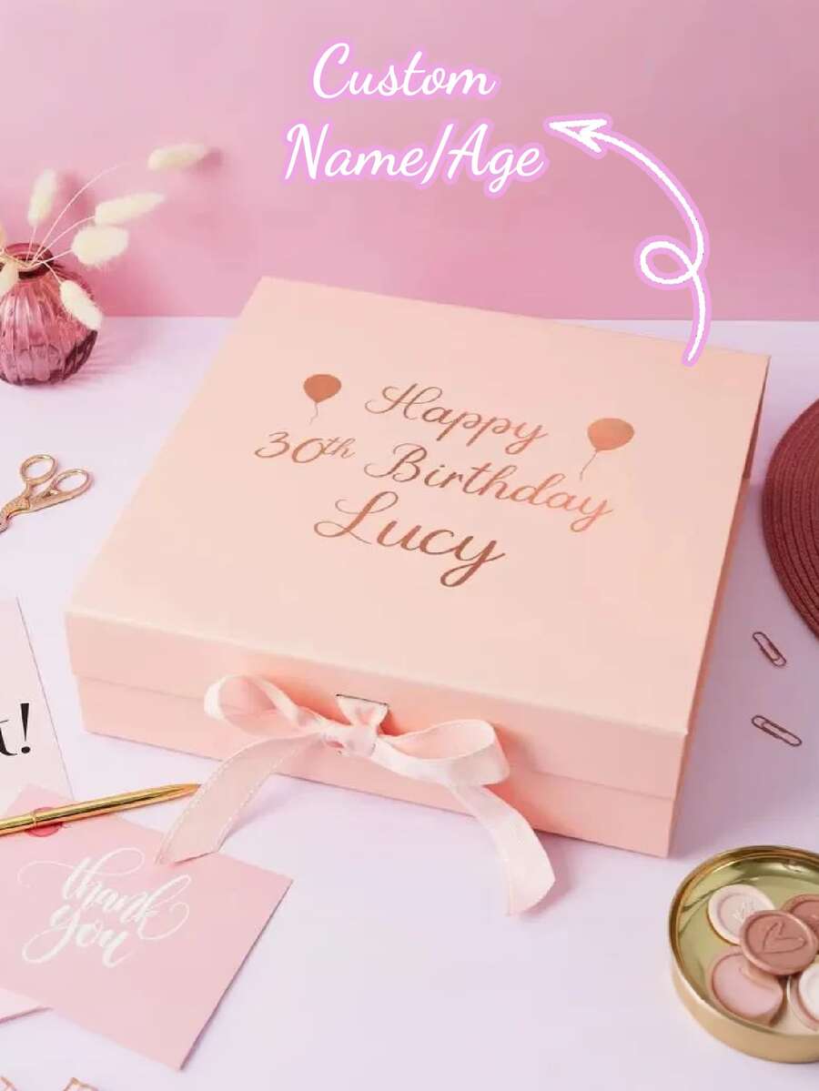 1pc 2025 Personalized Birthday Pink Gift Box, Truly Foil-Printed Name And Age, Personalized Birthday Gift Box With Name, Custom Birthday Pink Gift Box, Happy Birthday Gift Box, 30th Birthday Gift Box, Birthday, Anniversary, Party And Party Gifts, Bridesmaid Pink Gift Box - Pink - View 1