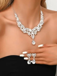 Bộ 3 món trang sức vòng cổ và hoa tai hình giọt nước, phụ kiện tiệc cưới cô dâu - trắng - Xem 2