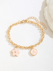 1pc Flower & Initial Letter Pink Charm Bracelet Suitable For Women Sweet Stylish Summer Jewelry For Ms. Birthday Gift