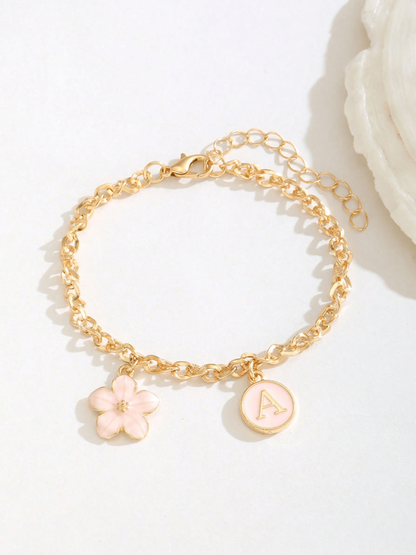 1pc Flower & Initial Letter Pink Charm Bracelet Suitable For Women Sweet Stylish Summer Jewelry For Ms. Birthday Gift
