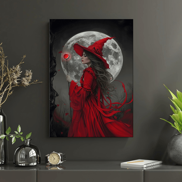 1 Stück, Magie Mond Hexen Malerei, dunkle Hexe mit rotem Muster, beängstigende Hexen Leinwand Muster, Halloween Wandkunst, Wandkunst mit Rahmen, Wandkunst, Poster, Leinwandmaterial (wahlweise mit Rahmen), Halloween Geschenke, Sondergeschenke, Heimdekoration, Küchendekoration, Wohnzimmerdekoration, Schlafzimmerdekoration, Bürodekoration, Süßes oder Saures