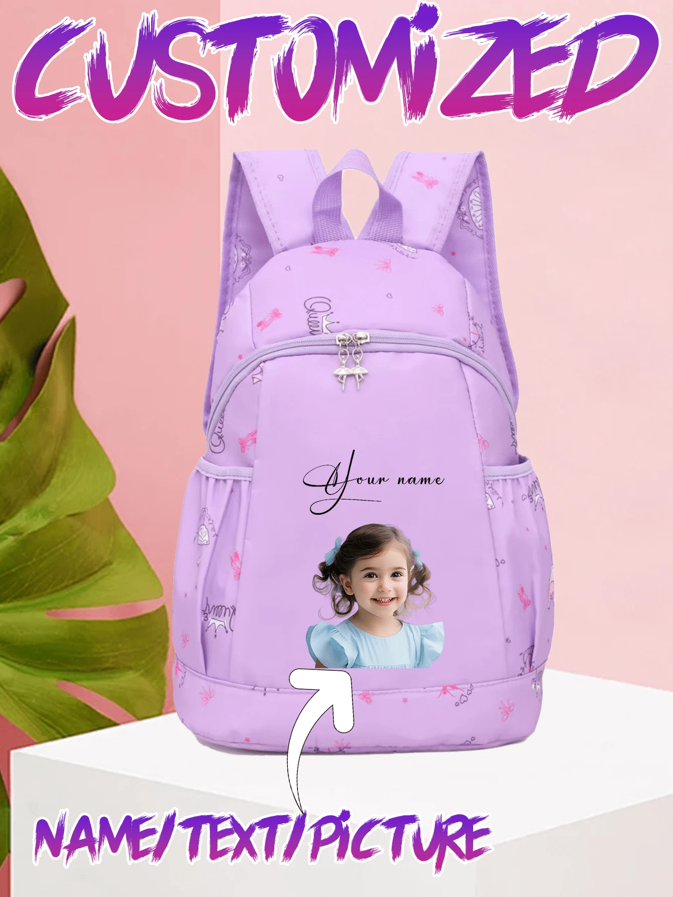 Customizable Shoulder Strap, Customizable Name, Customizable Text, Customizable Photo, DIY, Solid Color, Minimalist, Large Capacity, Lightweight, Comfortable Strap, Zipper Closure, Suitable For School, Work, Students, College Students, High School Students - Purple - View 1