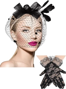 Fascinator Hut für Frauen, Pillbox Hut mit schwarzem Schleier für Trauerfeiern, Teepartys und Spitzenhandschuhe im 50er Jahre Stil