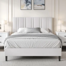 Upholstered Bed Frame With Headboard, Linen Fabric Platform Bed Frame With Tufted Headboard, No Box Spring Required, Easy Assembly, Pink/ White/ Black/ Blue, Twin/ Full/ Queen - 白色 - 查看 14