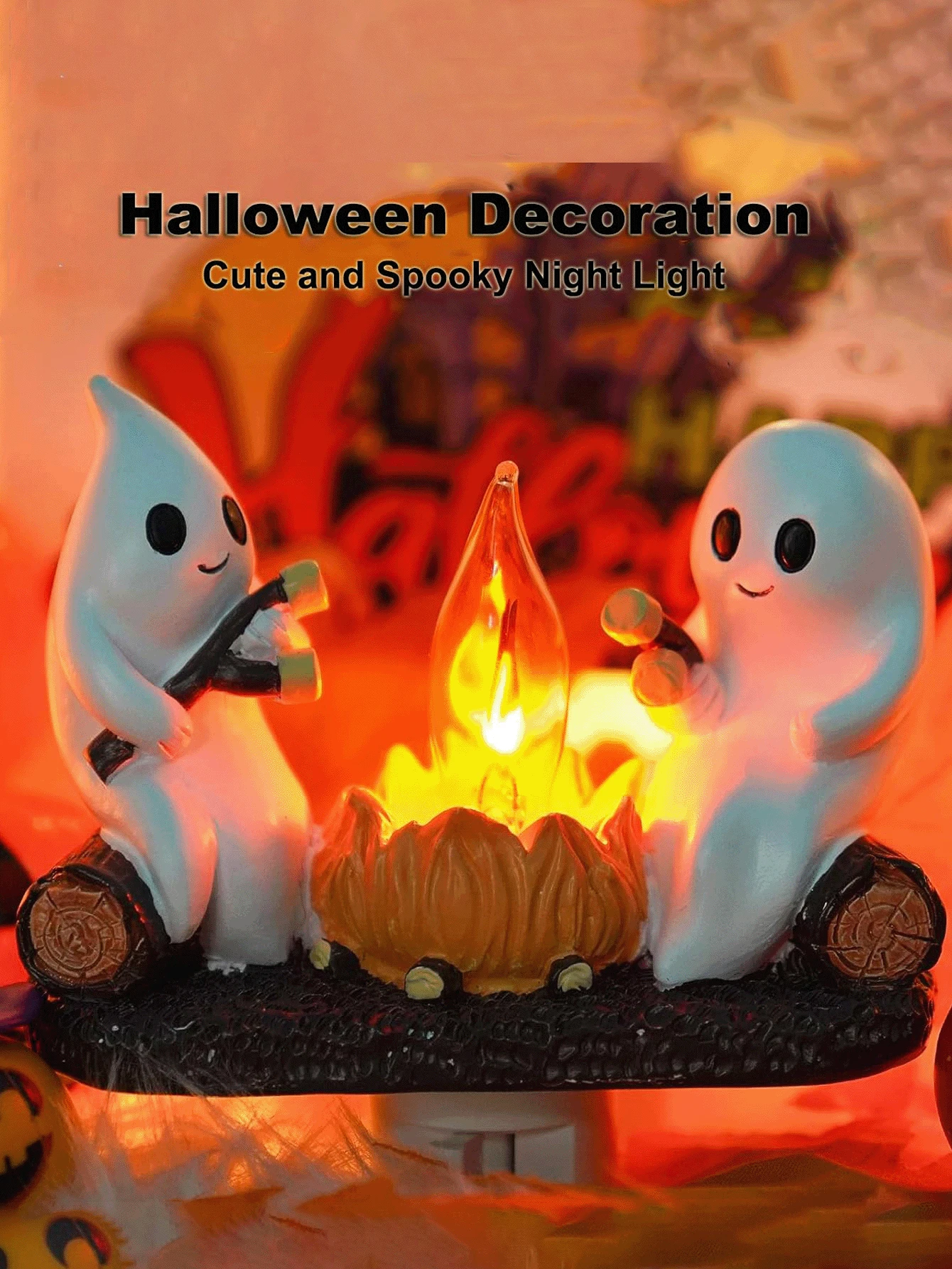 鬼火摇曳烛台，鬼火摇曳火焰万圣节烛台，鬼火棉花糖小夜灯万圣节礼物，人造篝火小夜灯 - 彩色 - 查看 1