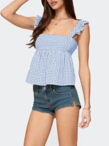 Women Teens Y2k Babydoll Tank Top Lace Trim V Neck Ruffle Flowy Crop Cami Top Summer Preppy Clothes Streetwear - 淺藍色 - 查看 2