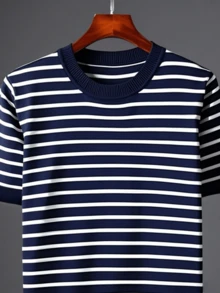 GRDR 1 Peça Camisa de Malha de Manga Curta com Listras e Gola Redonda, Uso Casual ao Ar Livre, Verão a Início de Outono para Homens - Azul Marinho - Visão 9