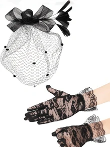 Fascinator Hut für Frauen, Pillbox Hut mit schwarzem Schleier für Trauerfeiern, Teepartys und Spitzenhandschuhe im 50er Jahre Stil