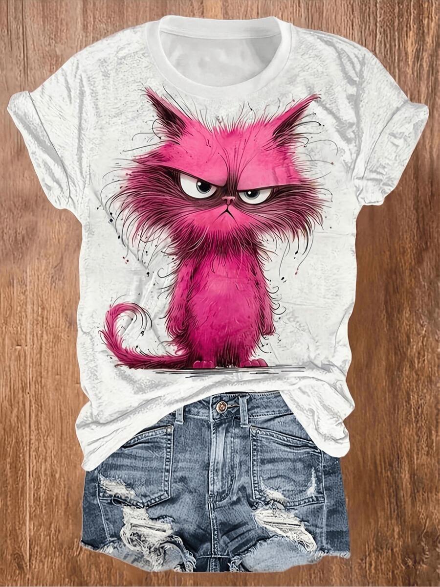 Pink Angry Cat Graphic Print T Shirt Summer Casual Cute 1pcs Women's 220g 100% Cotton Tee Shirt Funny Loose Fit - 白色 - 查看 1