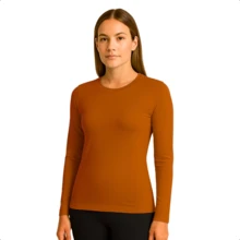 Women's Long Sleeve T-Shirt With Crew Neck In Suplex Fabric | 16 Color Variations Sizes P To Plus Size G2 Basic Plain - Camel - Ver 1