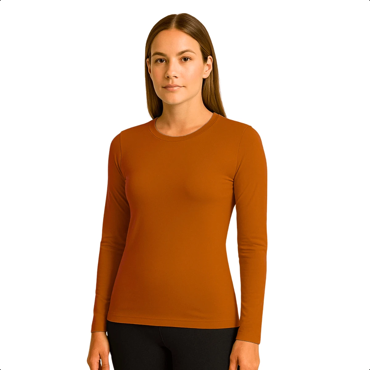 Women's Long Sleeve T-Shirt With Crew Neck In Suplex Fabric | 16 Color Variations Sizes P To Plus Size G2 Basic Plain - Camel - Ver 1