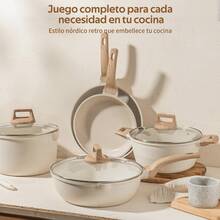 18 Piezas Juego de Sartenes, Bateria de Cocina, Sartenes Antiadherentes con Tapa de Cristal, Ollas de Cocina para Placas de Inducción y Gas, Sartenes Minimalistas (Beige) - Beis - Ver 9