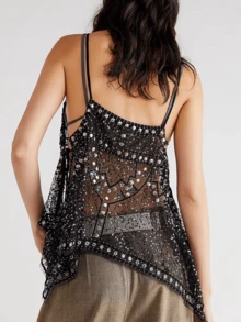 Womens Sequin Rivets Beaded See Through Cami Tank Top Y2k Sparkly Spaghetti Strap V Neck Loose Fit Sheer Mesh Flowy Camisole Crop Tops Sleeveless Backless Bling Embellished Vests Shirts Glitter Rhinestone Going Out Tops Beach Party Club Wear - màu đen - Xem 4